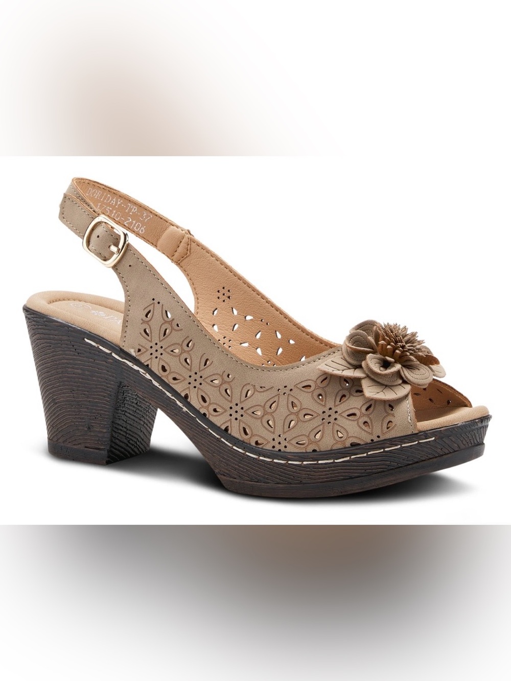 Women's Taupe Floral Slingback Block Heel Sandal